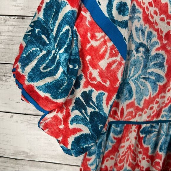 Figueroa & Flower Puff Sleeve Bohemian Maxi Ruffle Hem Coral Turquoise Dress L - Picture 4 of 11